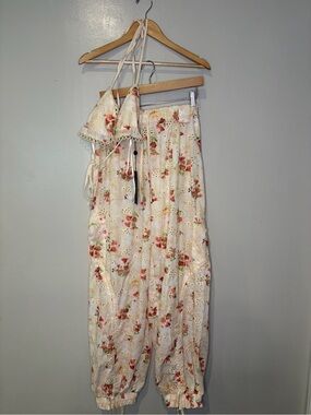 NovaLux NWT 100% Cotton Embroidered Illicit Cream Floral Wide-Leg Pant Set Large